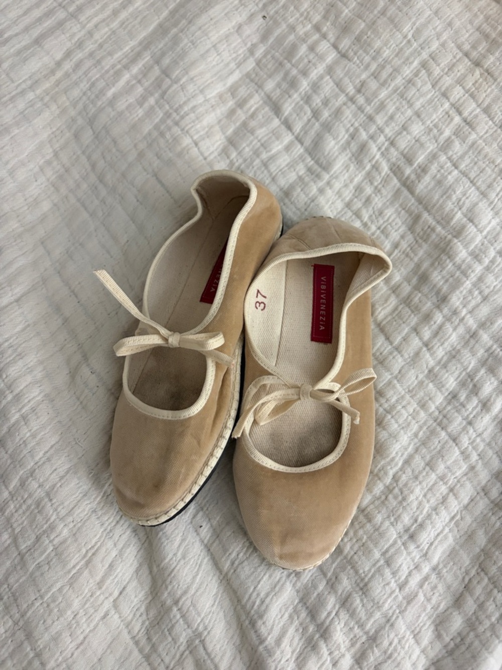 VENEZIA Taupe Suede Ballet Flats with Cream Trim and Bow